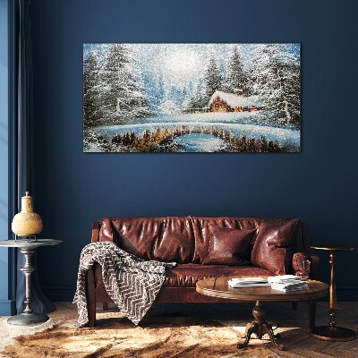 Winter landscape with a cottage in the forest Glass Wall Art