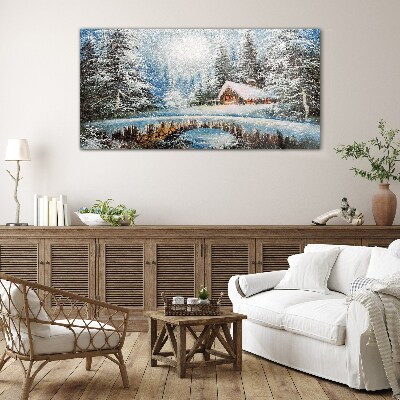 Winter landscape with a cottage in the forest Glass Wall Art