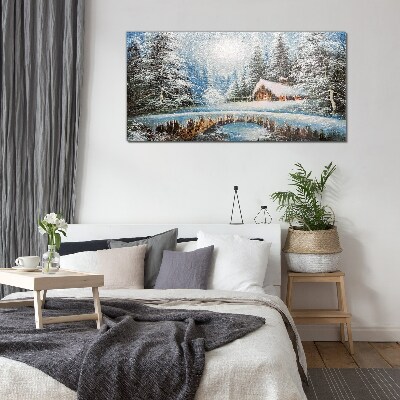 Winter landscape with a cottage in the forest Glass Wall Art