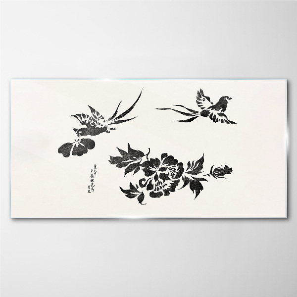 Birds and flowers in black and white Glass Print