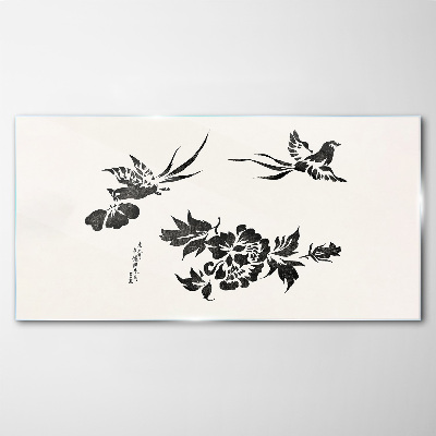 Birds and flowers in black and white Glass Print