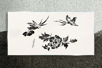 Birds and flowers in black and white Glass Print