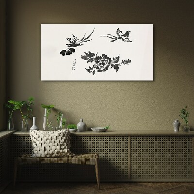Birds and flowers in black and white Glass Print