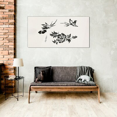 Birds and flowers in black and white Glass Print