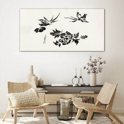 Birds and flowers in black and white Glass Print
