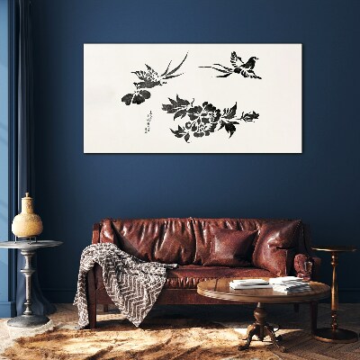Birds and flowers in black and white Glass Print