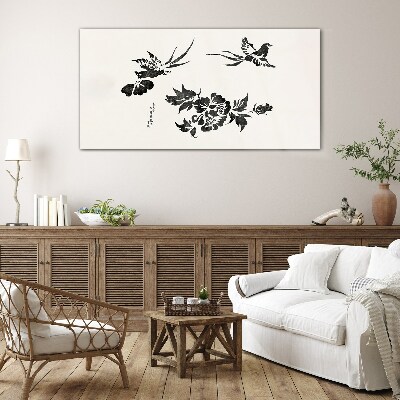 Birds and flowers in black and white Glass Print