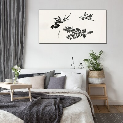 Birds and flowers in black and white Glass Print