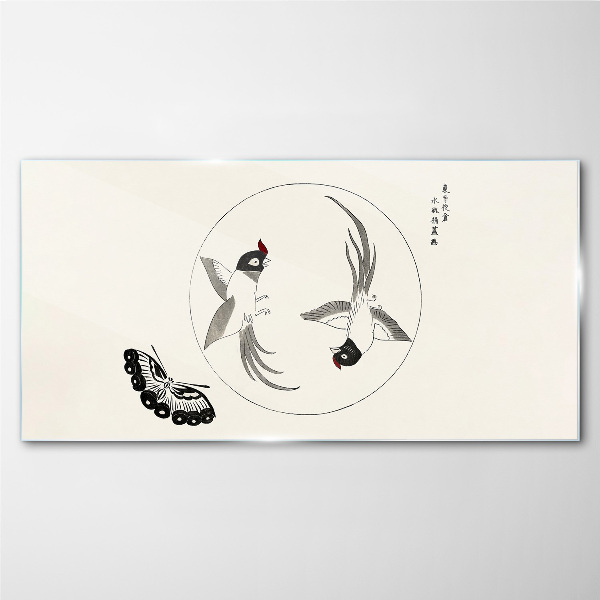 Dancing birds and butterfly Glass Print