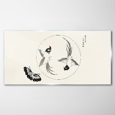 Dancing birds and butterfly Glass Print