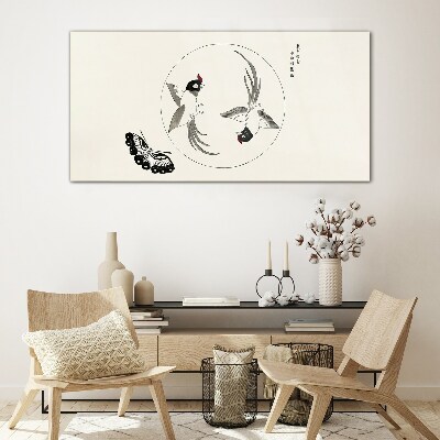 Dancing birds and butterfly Glass Print