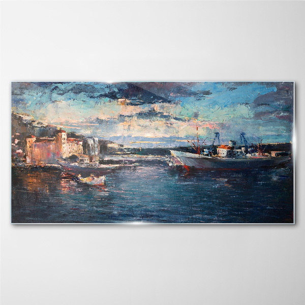 Port landscape at dusk Glass Print