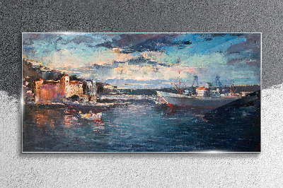 Port landscape at dusk Glass Print