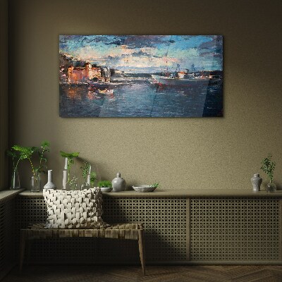 Port landscape at dusk Glass Print