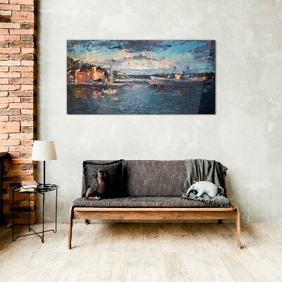 Port landscape at dusk Glass Print