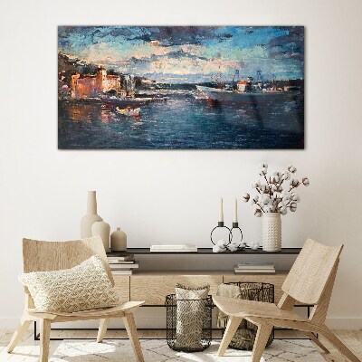 Port landscape at dusk Glass Print