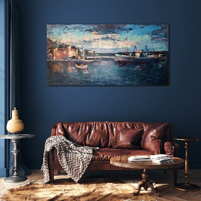 Port landscape at dusk Glass Print