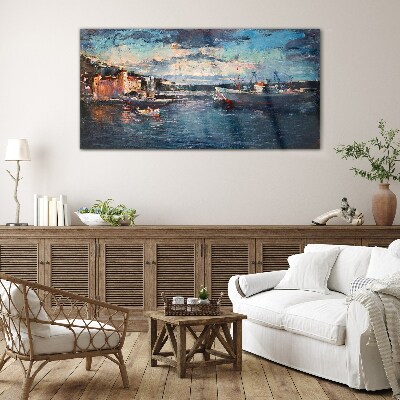 Port landscape at dusk Glass Print