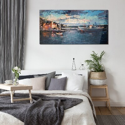Port landscape at dusk Glass Print