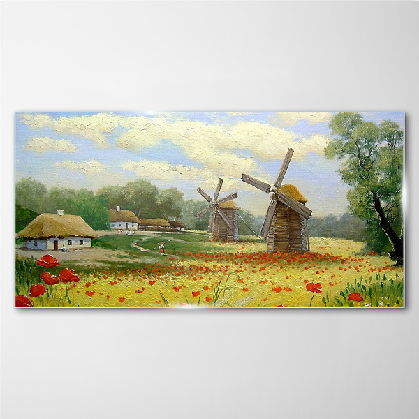 Rural scenery with windmills Glass Wall Art
