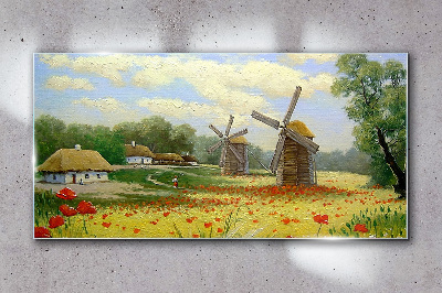 Rural scenery with windmills Glass Wall Art