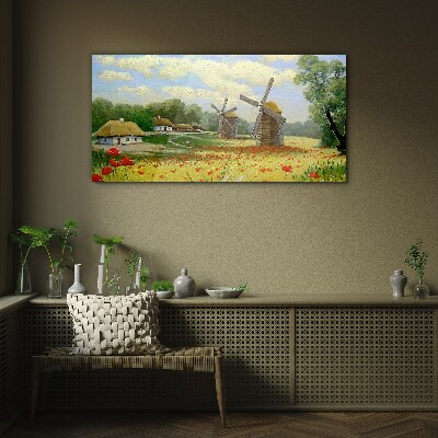 Rural scenery with windmills Glass Wall Art