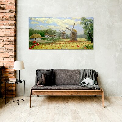 Rural scenery with windmills Glass Wall Art