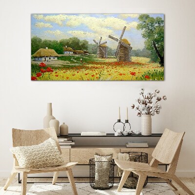 Rural scenery with windmills Glass Wall Art