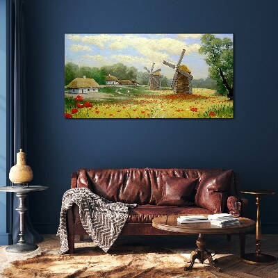Rural scenery with windmills Glass Wall Art