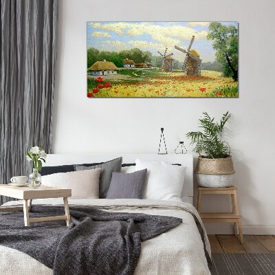 Rural scenery with windmills Glass Wall Art