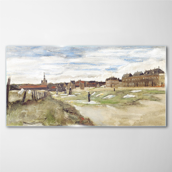 Landscape with figures against the background of the city Glass Print