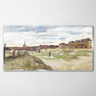 Landscape with figures against the background of the city Glass Print