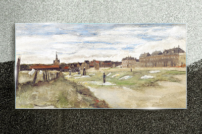 Landscape with figures against the background of the city Glass Print
