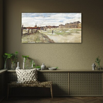Landscape with figures against the background of the city Glass Print