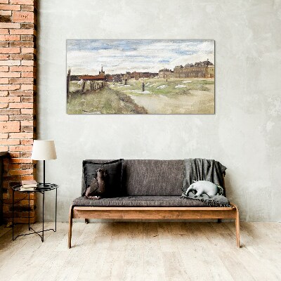 Landscape with figures against the background of the city Glass Print