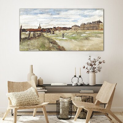 Landscape with figures against the background of the city Glass Print