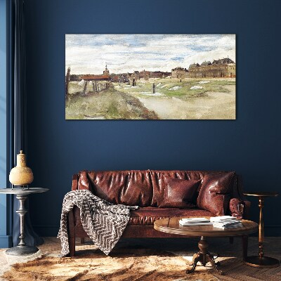 Landscape with figures against the background of the city Glass Print