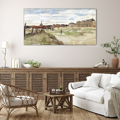 Landscape with figures against the background of the city Glass Print