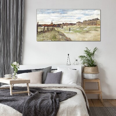 Landscape with figures against the background of the city Glass Print