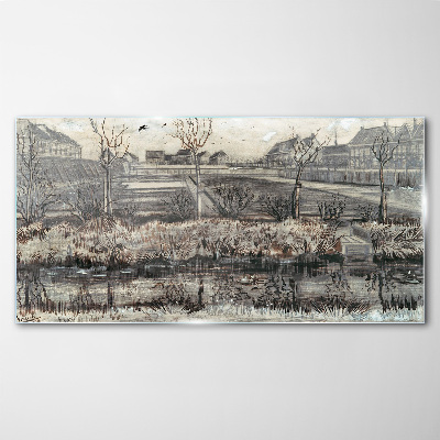 View of the village in winter Glass Print