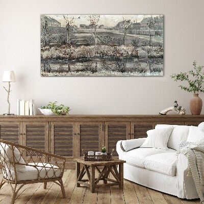 View of the village in winter Glass Print
