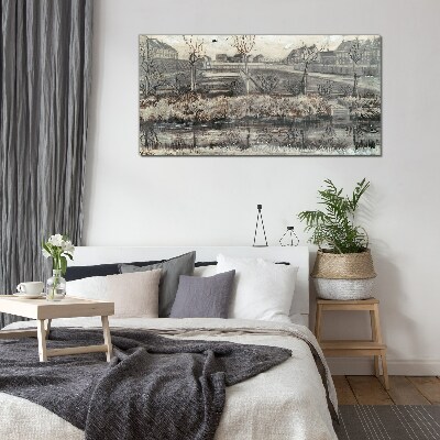 View of the village in winter Glass Print