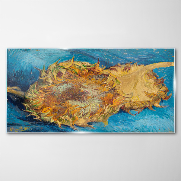Sunflower on a blue background Glass Print