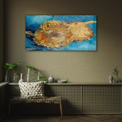 Sunflower on a blue background Glass Print