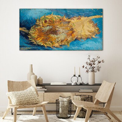 Sunflower on a blue background Glass Print