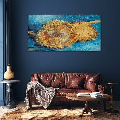 Sunflower on a blue background Glass Print