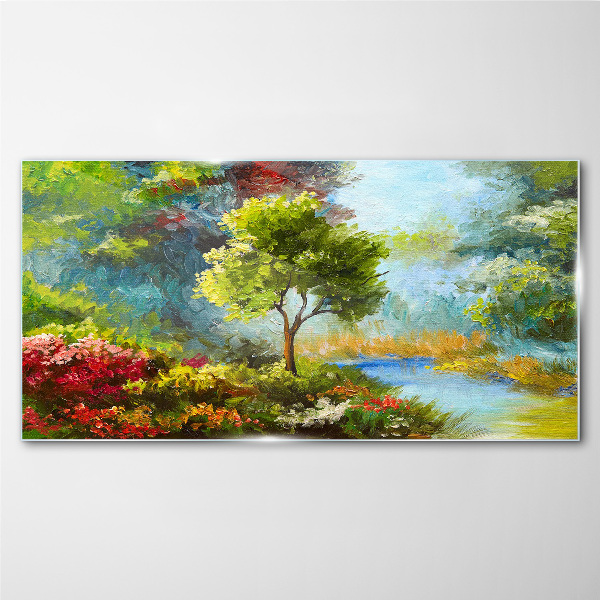 Spring landscape with a tree and flowers Glass Wall Art