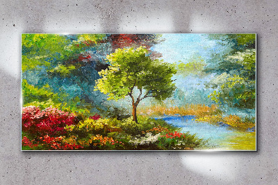 Spring landscape with a tree and flowers Glass Wall Art