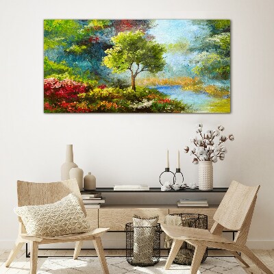 Spring landscape with a tree and flowers Glass Wall Art
