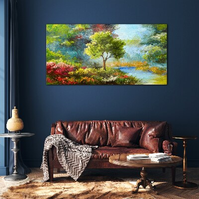 Spring landscape with a tree and flowers Glass Wall Art